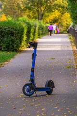 Vibrant blue electric scooter parked on autumn pathway © Alexander