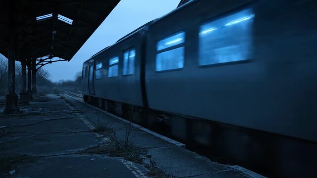Spectral Train at Abandoned Station - A high-speed train rushes through a desolate, abandoned train station at night. The video evokes a sense of mystery and isolation.