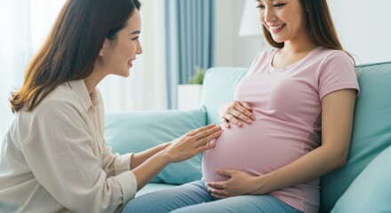 Woman visiting her pregnant friend and touching her baby bump  