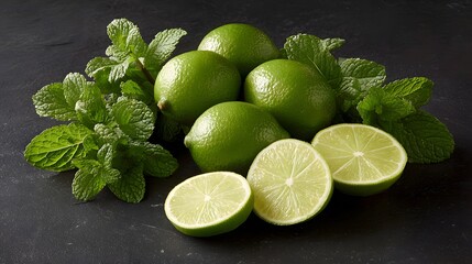 Sliced limes and mint leaves on dark surface with right area open 