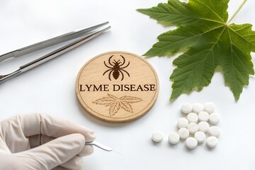 Lyme Disease medical concept: An awareness image showing a tick symbol, removal tweezers, a leaf, and the antibiotic pills used for treatment.
AI-generated image, 