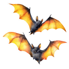 Halloween Bats in watercolor style, vector illustration, isolated on white background.