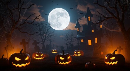 Fototapeta premium Sinister jack-o-lanterns glow in a creepy cemetery on a foggy halloween night, with a full moon and haunted house