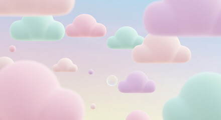 Soft pastel 3D clouds floating gracefully against a serene gradient sky, creating a whimsical and dreamy background perfect for gentle designs and sweet concepts