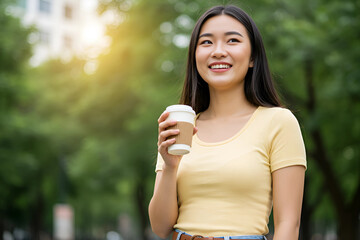 Happy Asian Woman Enjoying Coffee Outdoors Smiling Young Female Holding Takeaway Cup, Park Background