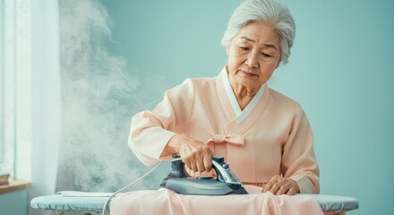 Elderly Korean woman ironing fabric with steam in bright room  