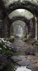 Obraz premium A stone archway garden path leads to a waterfall, adorned with purple flowers and lush greenery