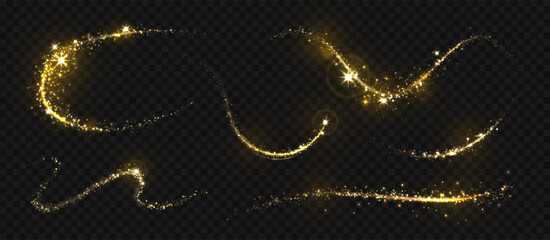 Gold light trail. Golden glitter magic effect, shining line swirl with star glow and sparks. Yellow wave with particles flare. Starry dust luxury bright decoration. 3d realistic vector set. © Frogella.stock