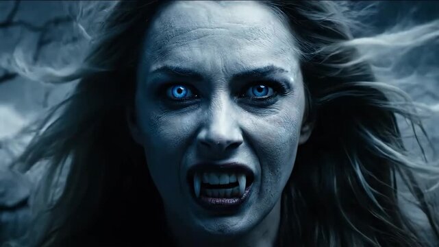 Banshee Transformation in Storm - Close-up of a woman's face transforming into a banshee, her eyes glowing blue and fangs emerging as wind whips through her hair.