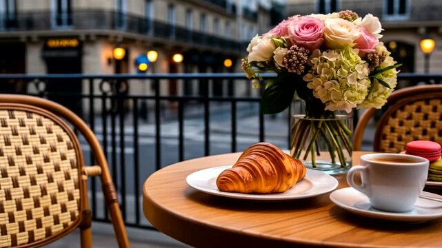 Parisian outdoor cafe scene with pastries, coffee, and flowers.