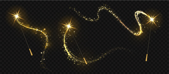 Realistic magic wand with light trail, shining star and sparks. Magic wands with glittering energy trace, golden glow particles. Christmas, Xmas festive element. Vector isolated set. © Frogella.stock