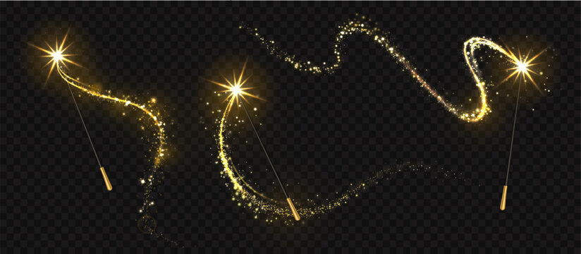 Realistic magic wand with light trail, shining star and sparks. Magic wands with glittering energy trace, golden glow particles. Christmas, Xmas festive element. Vector isolated set.
