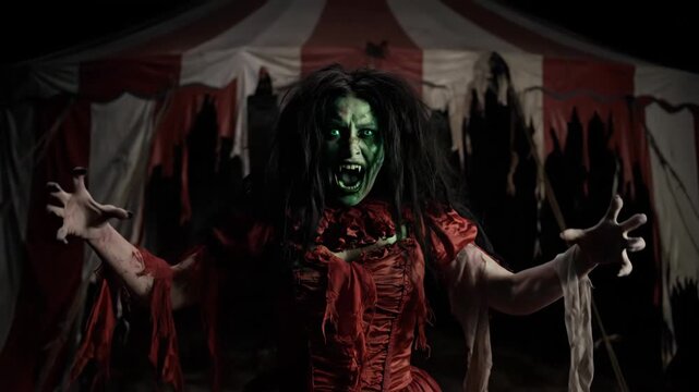 Carnival Banshee Transformation - A woman with terrifying makeup and long black hair transforms into a banshee in front of a tattered carnival tent at night.
