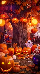 Captivating Halloween Scene A Festive Display of Carved Pumpkins, Spooky Decorations, and Autumn Ambiance, Perfect for a Spooktacular Celebration