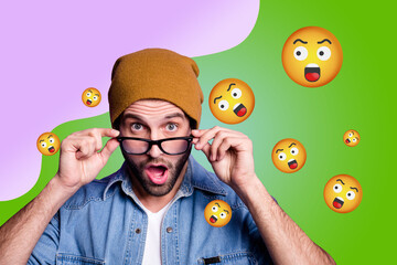 Collage of person surrounded by floating emoji icons expressing fun and different emotions happy joy angry oops lol