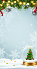 Enchanting Winter Holiday Scene with Sparkling Decorations, Evergreen Branches, and a Miniature Christmas Tree in a Snow Globe on a Snowy Background Perfect for Festive Greetings