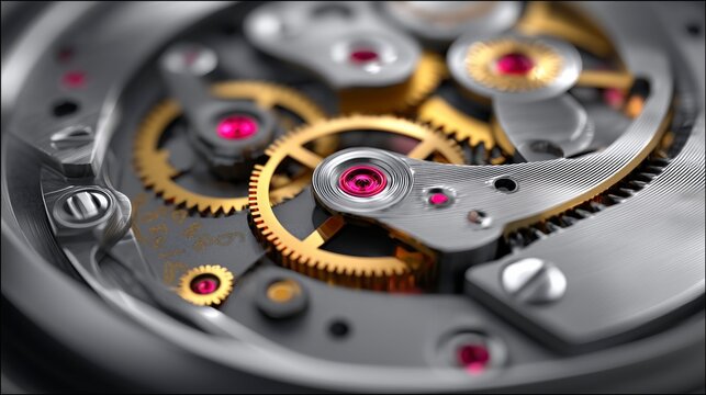 Close view of intricate watch mechanism with golden gears and pink jewels showcasing fine craftsmanship