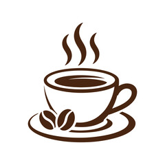 Aromatic Coffee Cup Icon: Steaming Beverage with Coffee Beans for Cafe and Restaurant Branding