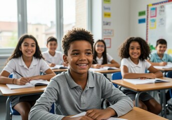 Diverse Elementary School Classroom Cheerful kids, children, and youth as students learning and studying an academic lesson together.