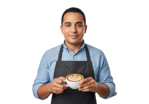 Smiling Barista Holding Latte Art Coffee - Cafe Lifestyle
