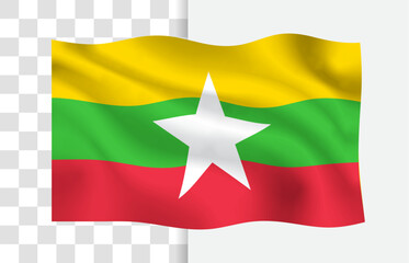 Waving Flag of Myanmar, Isolated Vector with Transparent Background