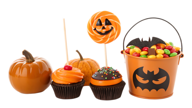 A halloween arrangement featuring pumpkins cupcakes a lollipop and a bucket filled with candy