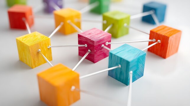 a network structure made of colorful blocks connected to each other, symbolizing connection and interaction.