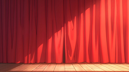 A red stage curtain with sunlight creating shadows, showcasing fabric texture and theatrical setting.