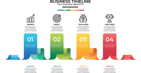 Business Timeline Infographic Template with Colorful Ribbon Steps, Growth and Success Process Diagram