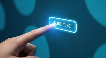Close-up of a human finger activating a glowing neon blue subscribe button on a digital interface