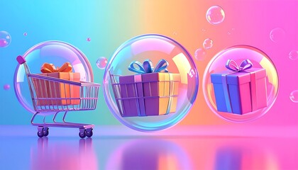 Three gift boxes with ribbons are encased in transparent bubbles, one in a shopping cart, against a vibrant pastel gradient background.