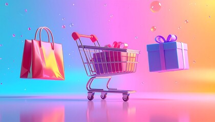 A shopping cart filled with gifts floats between a shopping bag and a present on a vibrant, colorful background.