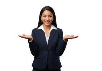 Smiling Businesswoman Presenting with Open Hands on White