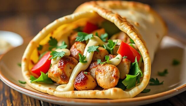 Traditional chicken shawarma served wrapped in flatbread with pickled vegetables and tahini drizzle 