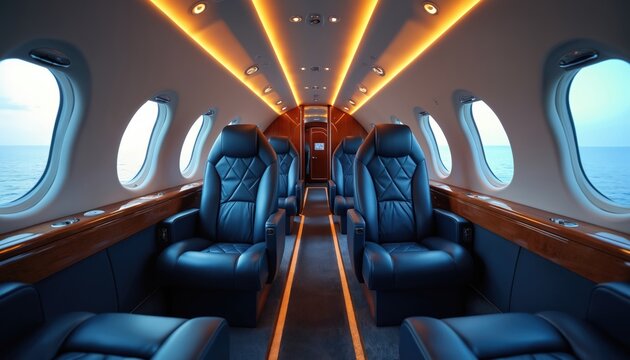 Luxury private jet cabin with plush leather seats and ambient lighting. Windows show ocean views. A symbol of wealth, travel, and exclusive comfort for business or leisure trips.