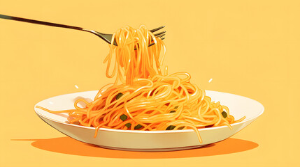 A plate of spaghetti with a fork lifting some noodles, showcasing the delicious and appetizing appearance of the food.