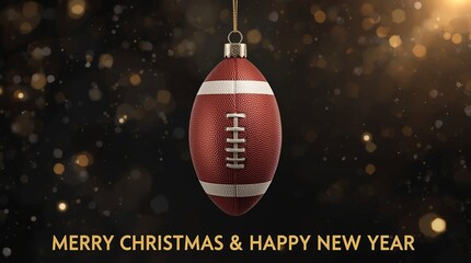 Christmas ornament designed as an American football ball with realistic leather texture and white stitches, festive holiday decoration, Merry Christmas and Happy New Year greeting card sports theme