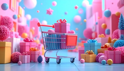 A shopping cart is overflowing with pink gift boxes, surrounded by more presents in a whimsical, pastel-colored cityscape.