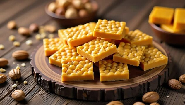 Traditional chikki arranged neatly on rustic wooden board with fresh nuts and jaggery blocks nearby 