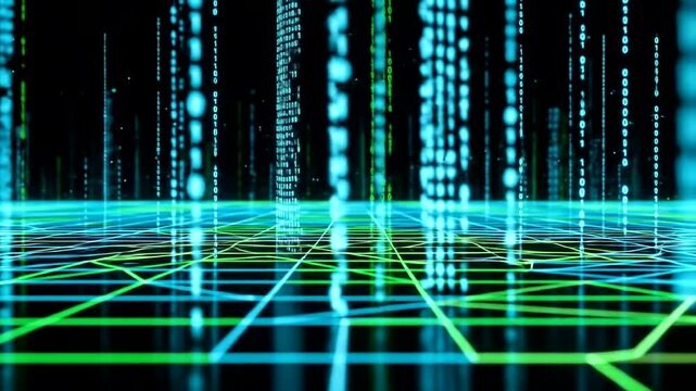A digital landscape filled with glowing binary code and a grid pattern.