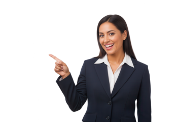 Enthusiastic Businesswoman Pointing to Empty Space on White Background