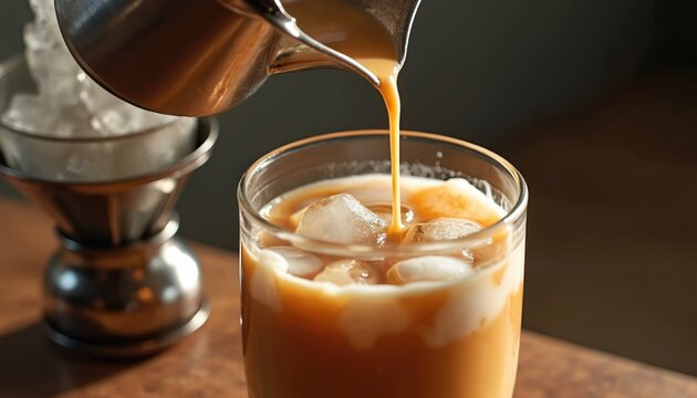 Close up of iced coffee preparation process. Pouring coffee beverage into a glass with ice cubes. Drink making at home or cafe. Refreshing cold coffee, summer drinks.