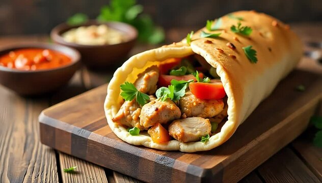 Traditional chicken shawarma served with pickled vegetables and tahini sauce on rustic wooden board 