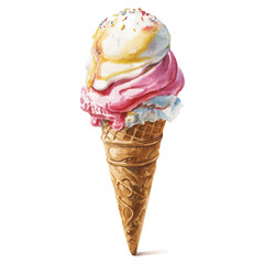 Ice Cream Cone, watercolor painting, vector illustration, isolated on a white background.