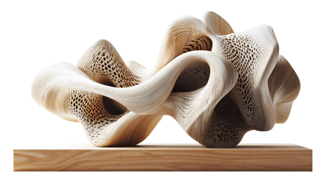 Complex Wooden Lattice Sculpture on a Wooden Base with Intricate Patterns on a Transparent Backdrop