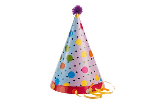 Colorful polka dot party hat with ribbon design for festive event celebrations and gatherings