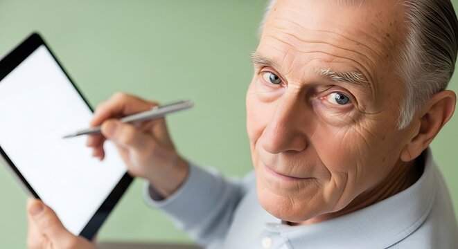 Elderly man using a stylus to interact with a blank tablet screen, looking directly at the camera with a thoughtful expression. - Powered by Adobe