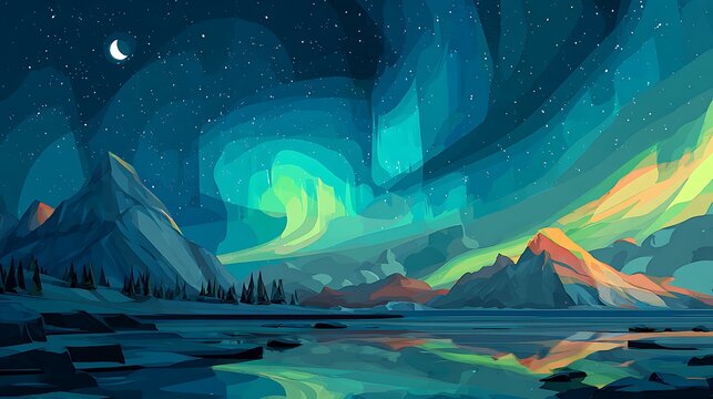 aurora borealis phenomenon flat color vector illustration northern lights in sky and snowy mountain 2d cartoon night winter landscape with crescent moon and starry sky on.