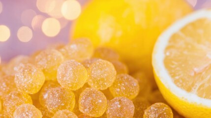 Sweet and tangy citrus candy with fresh lemon on a soft background