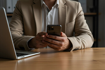 Professional businessman actively engaging with a mobile phone while seated at a wooden desk, with a modern laptop nearby, contemporary office work, digital communication, and connectivity